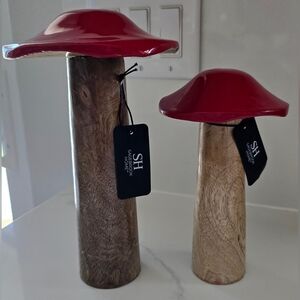 Sagebrook Home Wood Red Toadstools Mushrooms Boho‎ Set Of Two New With Tag